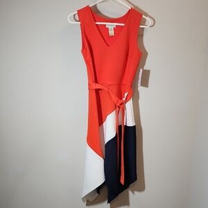 Enfocus Studio Asymmetrical Dress in Coral, White, and Navy (J16)